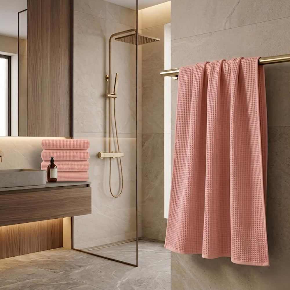 Waffle Soft Bath Towel  (Set Of 2)  | Quick-Dry &  Zero Twist | Peach