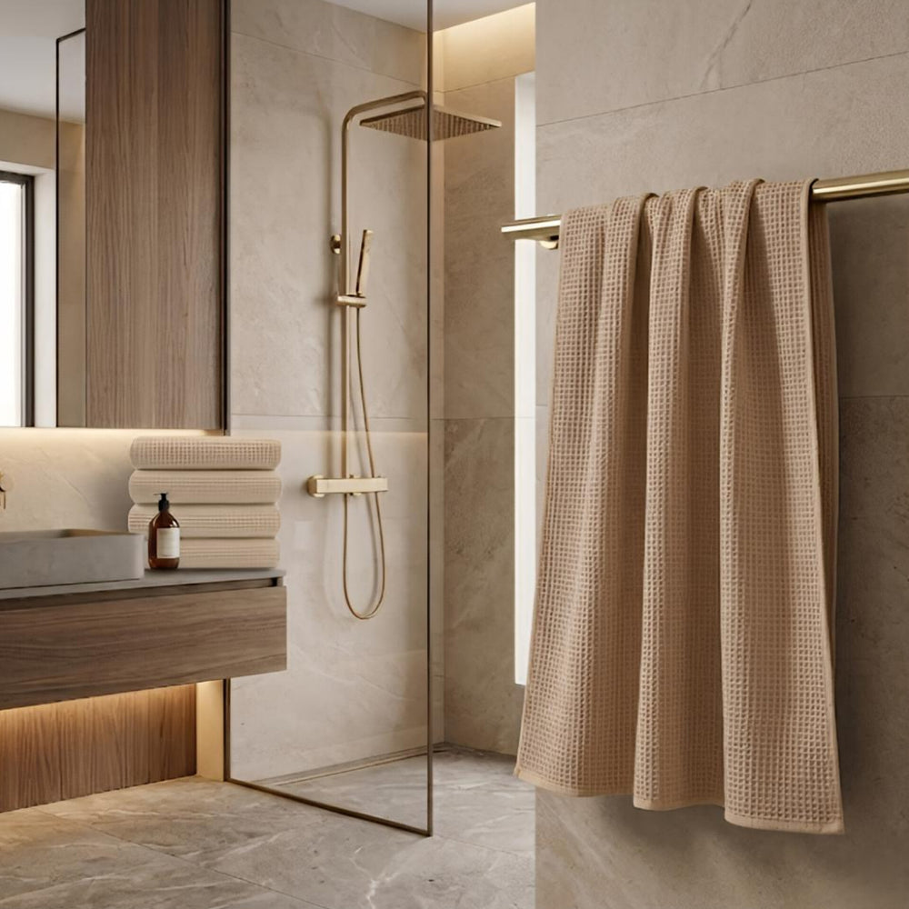 Waffle Soft Bath Towel  (Set Of 2)  | Quick-Dry &  Zero Twist | Beige