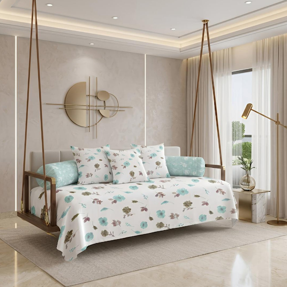 Satrangi Royale  Diwan Set | 200 TC 100% Cotton | 1 Diwan sheet + 2 Bolster Covers + 3 Cushion Covers | Light Blue & Olive Green Floral