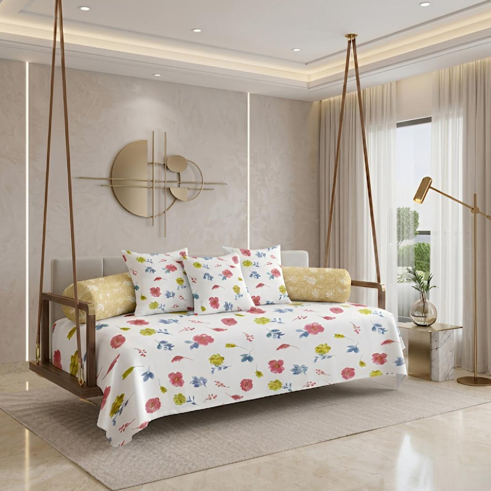 Satrangi Royale  Diwan Set | 200 TC 100% Cotton | 1 Diwan sheet + 2 Bolster Covers + 3 Cushion Covers | White Floral
