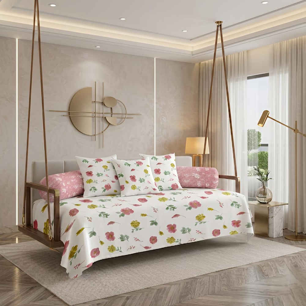 Satrangi Royale  Diwan Set | 200 TC 100% Cotton | 1 Diwan sheet + 2 Bolster Covers + 3 Cushion Covers | Green & Red Floral