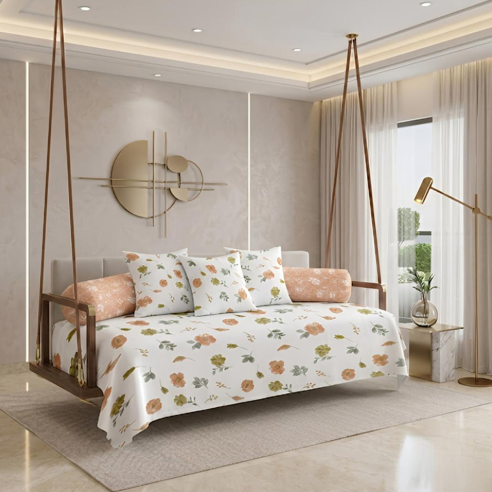 Satrangi Everyday  Diwan Set | 144 TC 100% Cotton | 1 Diwan sheet + 2 Bolster Covers + 3 Cushion Covers | Brown & Olive Green Floral
