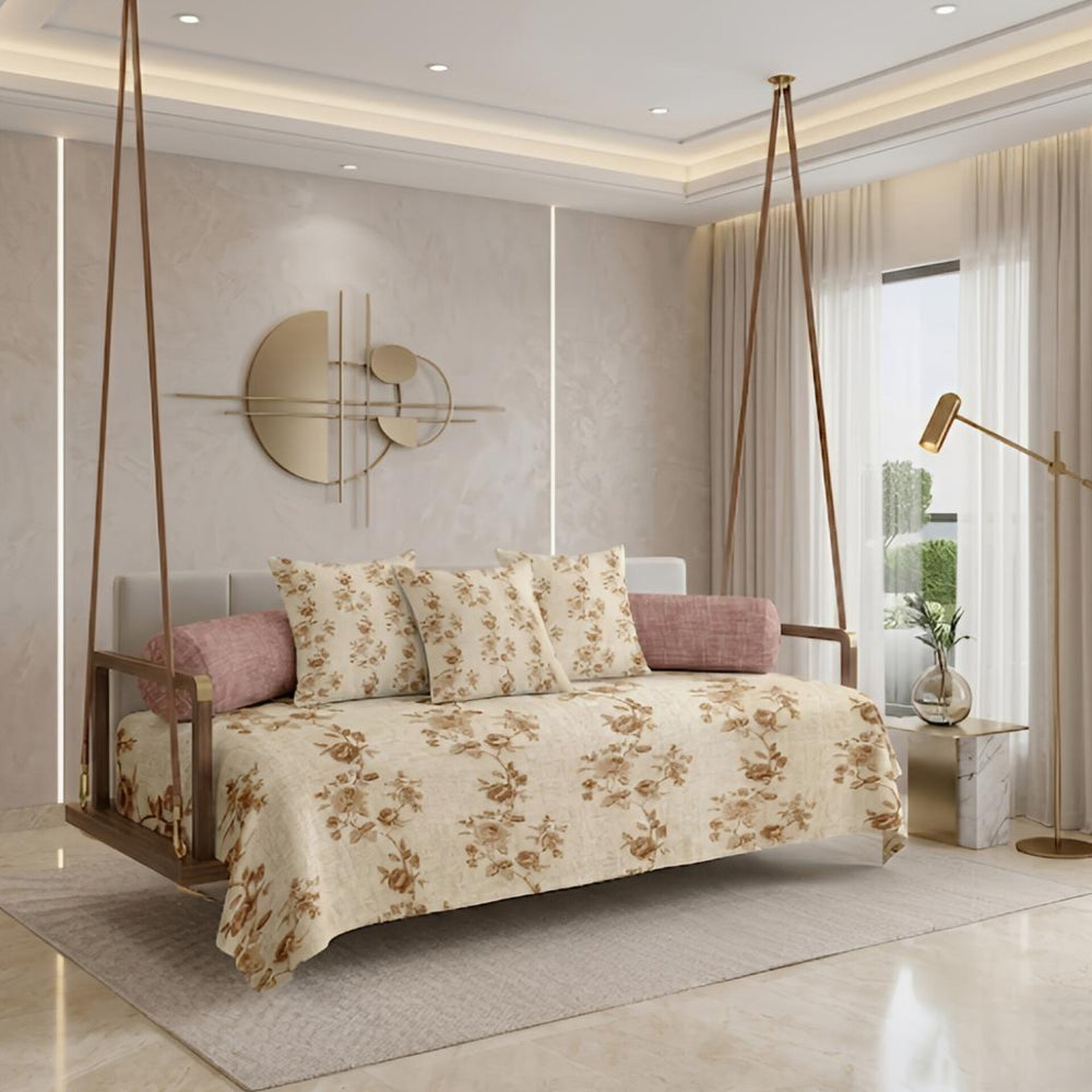 Satrangi Royale  Diwan Set | 200 TC 100% Cotton | 1 Diwan sheet + 2 Bolster Covers + 3 Cushion Covers | Light Brown Floral