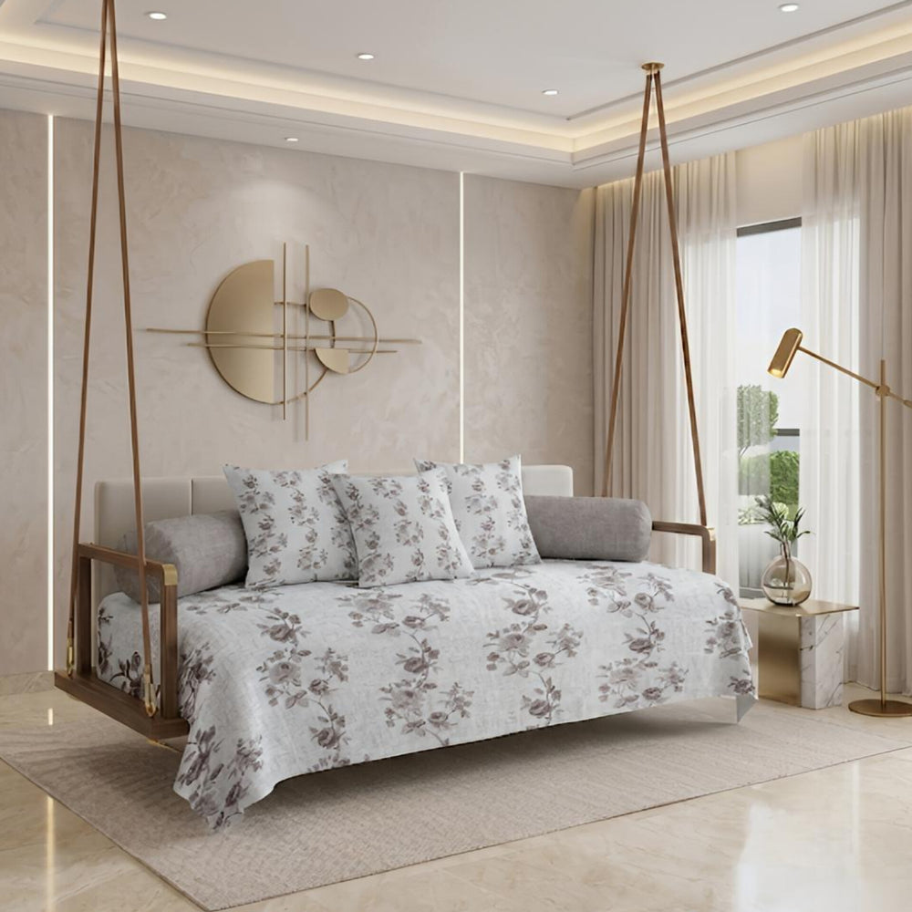 Satrangi Royale  Diwan Set | 200 TC 100% Cotton | 1 Diwan sheet + 2 Bolster Covers + 3 Cushion Covers | Ash Floral