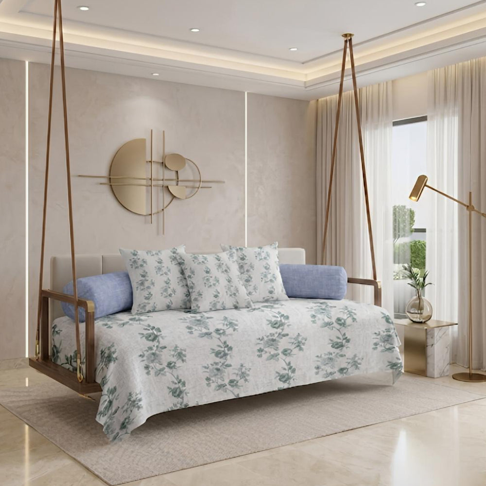Satrangi Royale  Diwan Set | 200 TC 100% Cotton | 1 Diwan sheet + 2 Bolster Covers + 3 Cushion Covers | Light Gray Floral