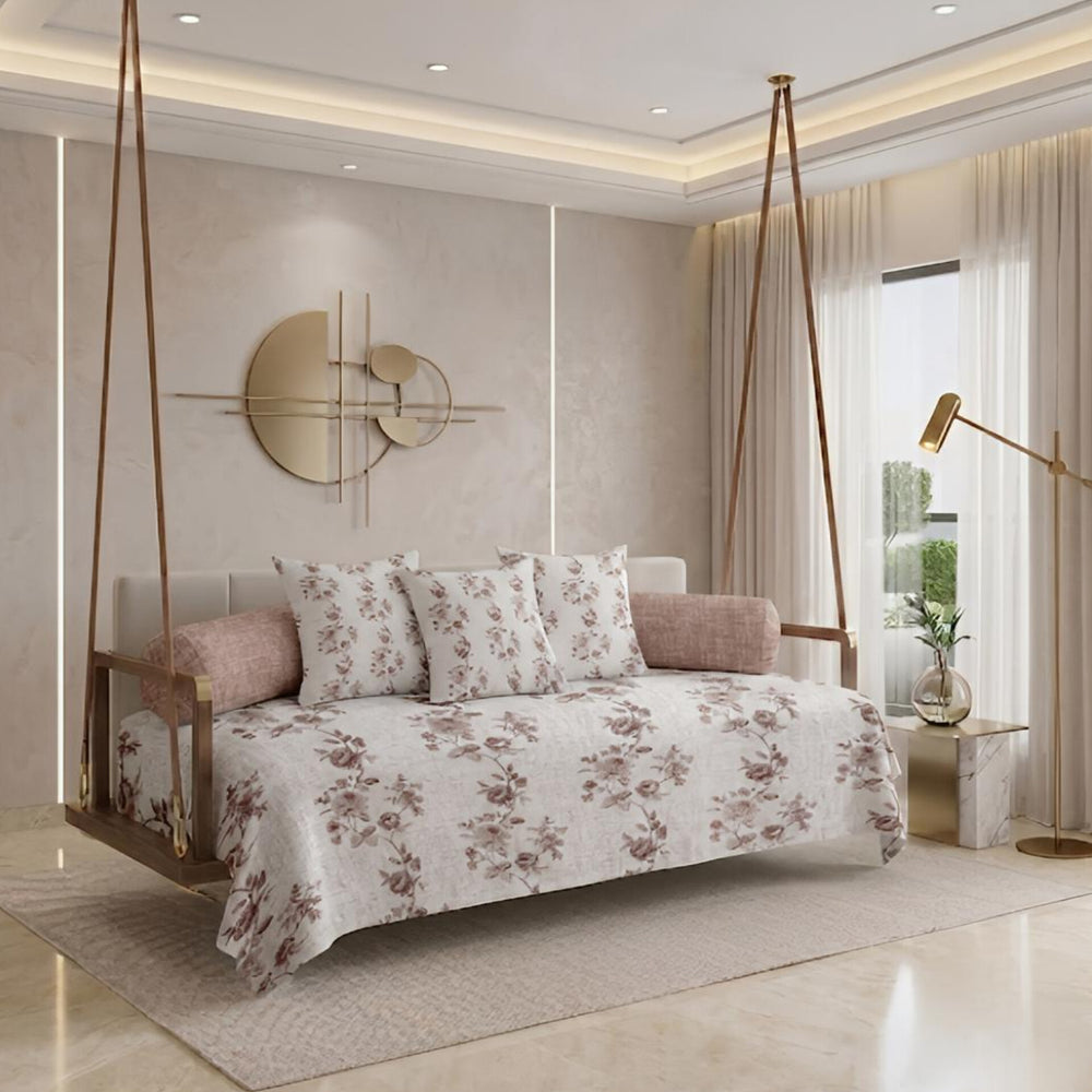 Satrangi Royale  Diwan Set | 200 TC 100% Cotton | 1 Diwan sheet + 2 Bolster Covers + 3 Cushion Covers | Brown Floral