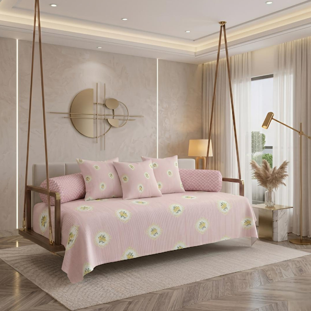 Satrangi Royale  Diwan Set | 200 TC 100% Cotton | 1 Diwan sheet + 2 Bolster Covers + 3 Cushion Covers | Petal Pink