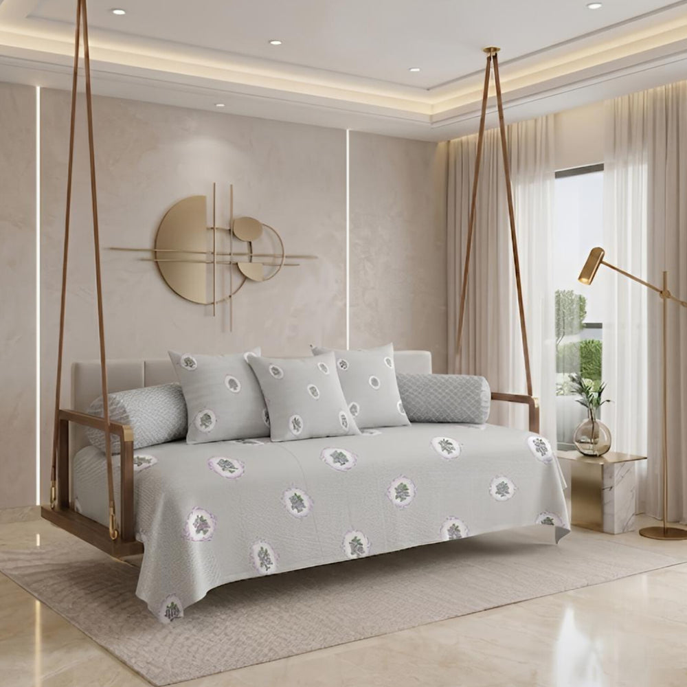 Satrangi Royale  Diwan Set | 200 TC 100% Cotton | 1 Diwan sheet + 2 Bolster Covers + 3 Cushion Covers | Light Ash