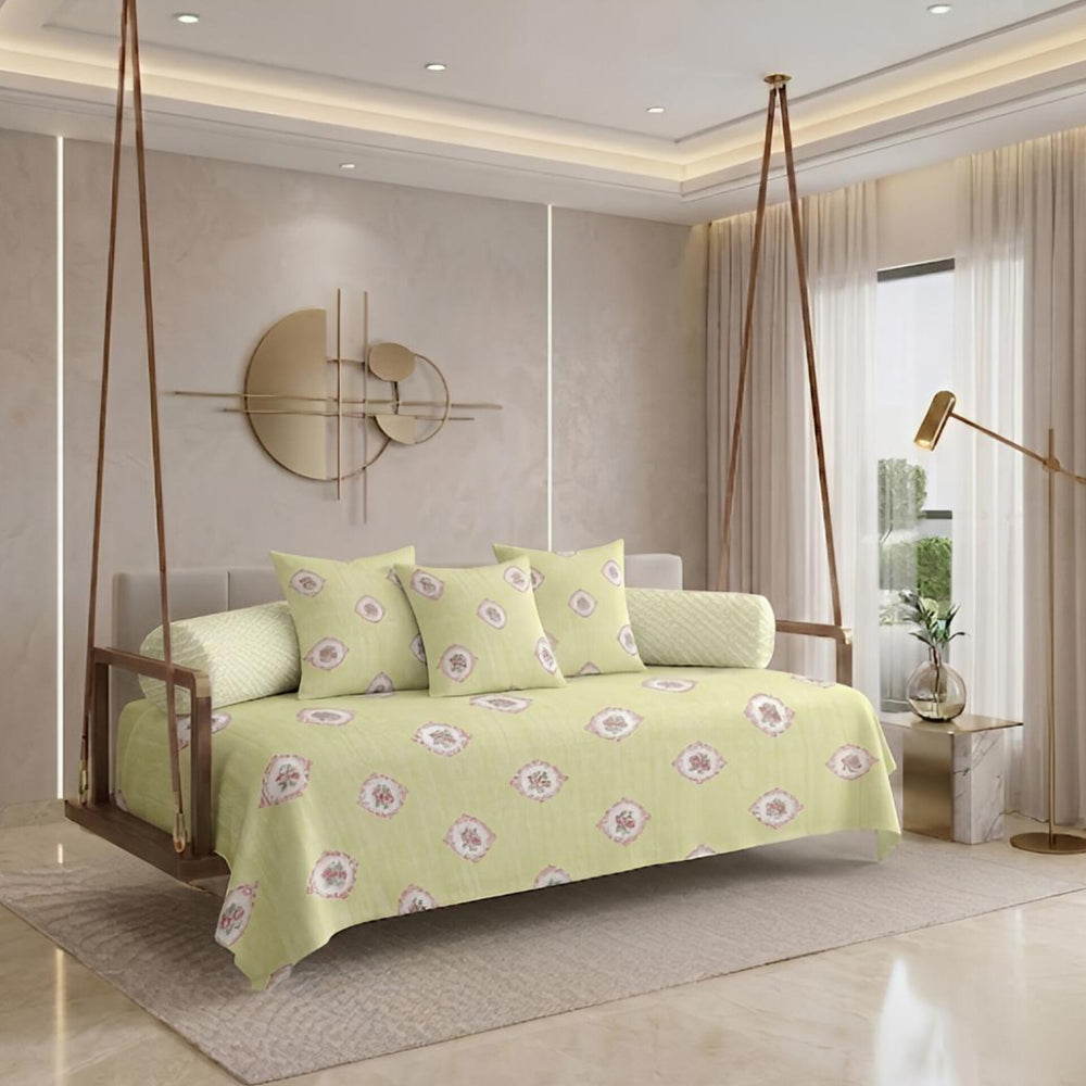 Satrangi Royale  Diwan Set | 200 TC 100% Cotton | 1 Diwan sheet + 2 Bolster Covers + 3 Cushion Covers | Light Pista Green