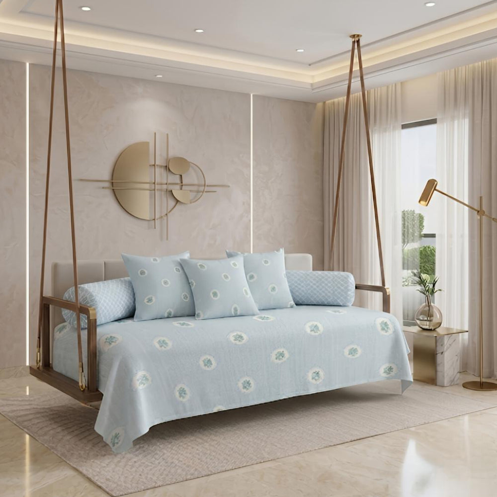Satrangi Royale  Diwan Set | 200 TC 100% Cotton | 1 Diwan sheet + 2 Bolster Covers + 3 Cushion Covers | Light Blue