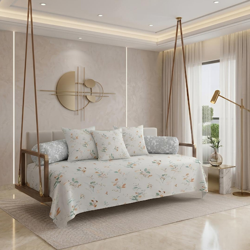 Satrangi Royale  Diwan Set | 200 TC 100% Cotton | 1 Diwan sheet + 2 Bolster Covers + 3 Cushion Covers | White Floral