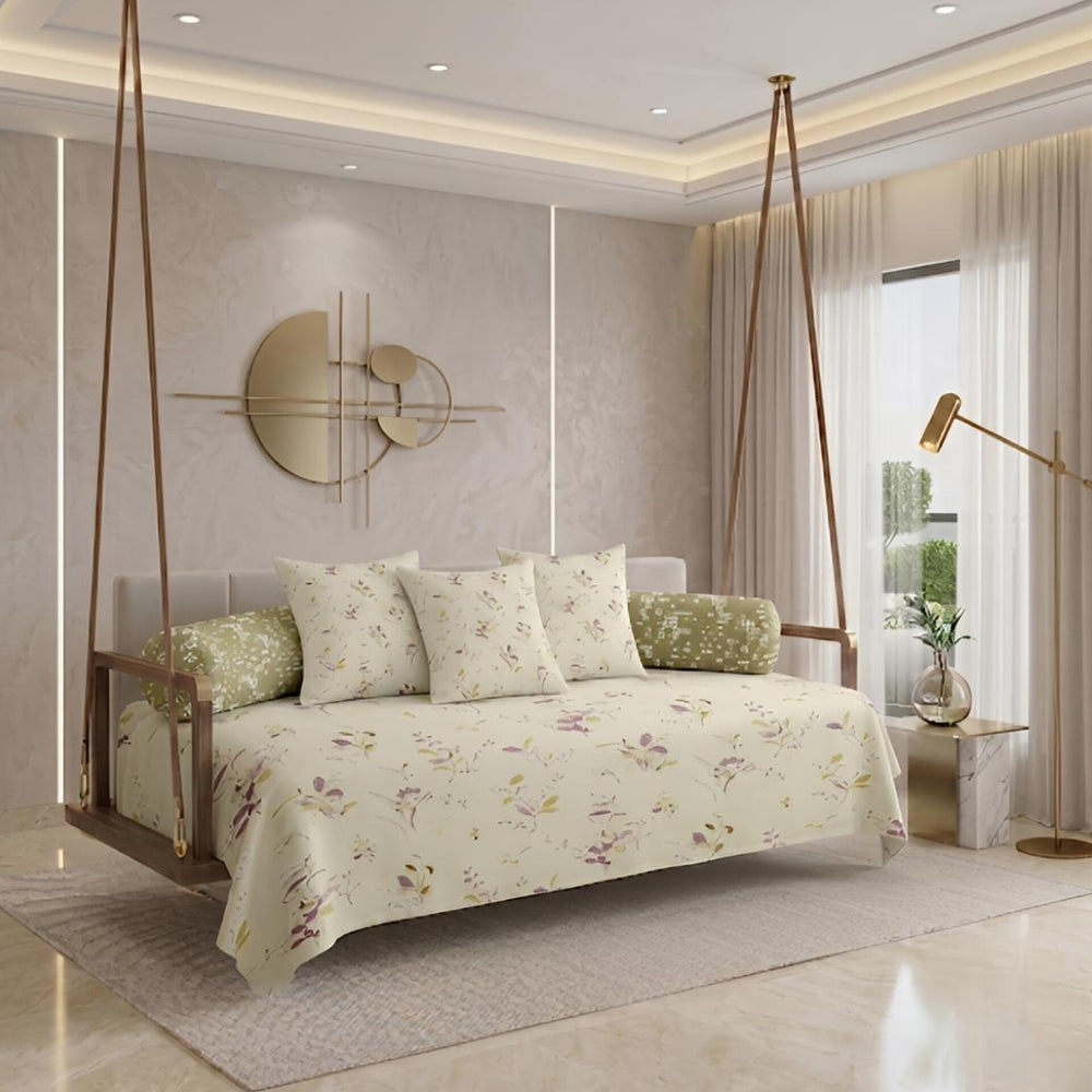Satrangi Royale  Diwan Set | 200 TC 100% Cotton | 1 Diwan sheet + 2 Bolster Covers + 3 Cushion Covers | Light Wine & Green Floral
