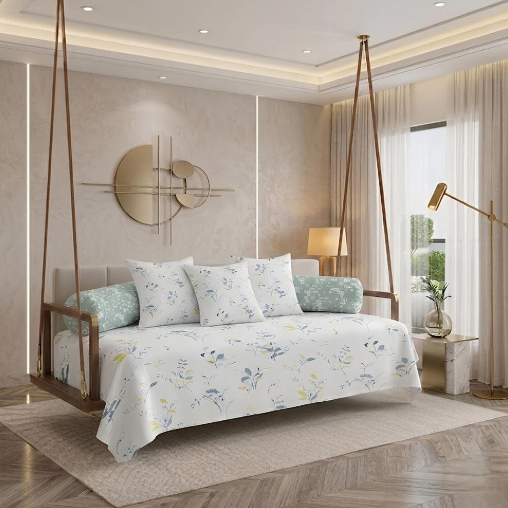 Satrangi Royale  Diwan Set | 200 TC 100% Cotton | 1 Diwan sheet + 2 Bolster Covers + 3 Cushion Covers | White  & Green Blue Floral