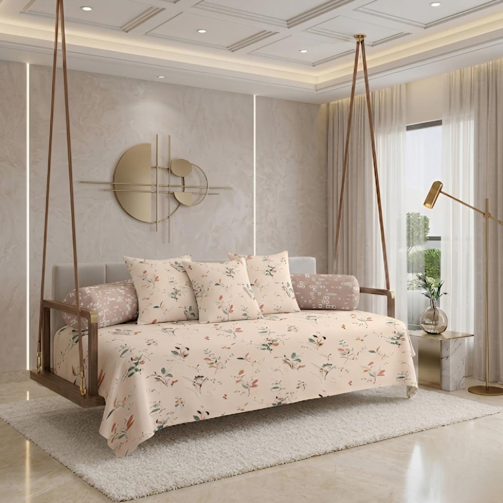 Satrangi Royale  Diwan Set | 200 TC 100% Cotton | 1 Diwan sheet + 2 Bolster Covers + 3 Cushion Covers | Orange & Green  Floral