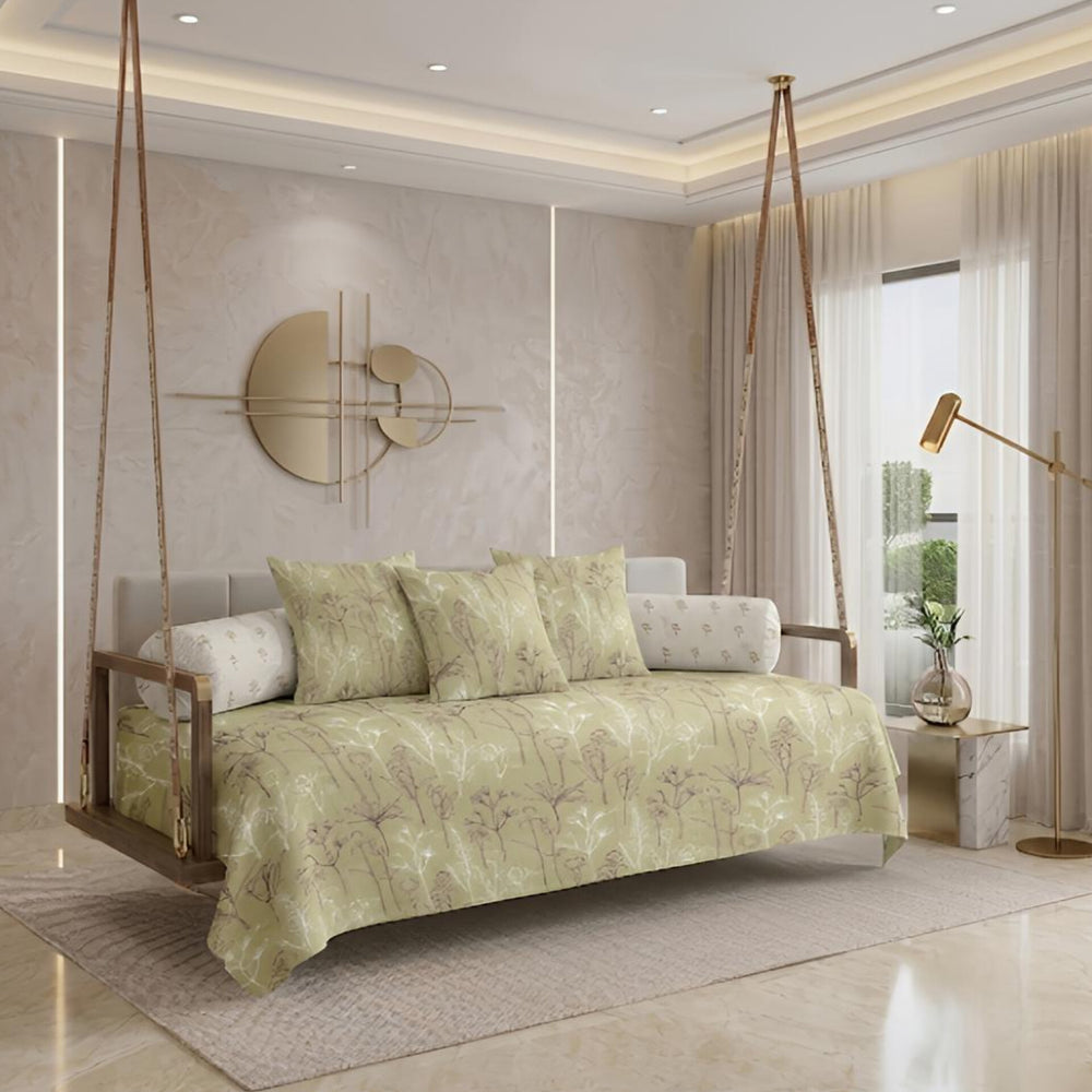 Satrangi Royale  Diwan Set | 200 TC 100% Cotton | 1 Diwan sheet + 2 Bolster Covers + 3 Cushion Covers  | Light Pista Green