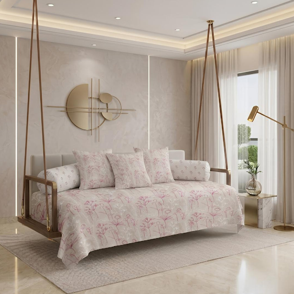 Satrangi Royale  Diwan Set | 200 TC 100% Cotton | 1 Diwan sheet + 2 Bolster Covers + 3 Cushion Covers | Light Maroon Floral