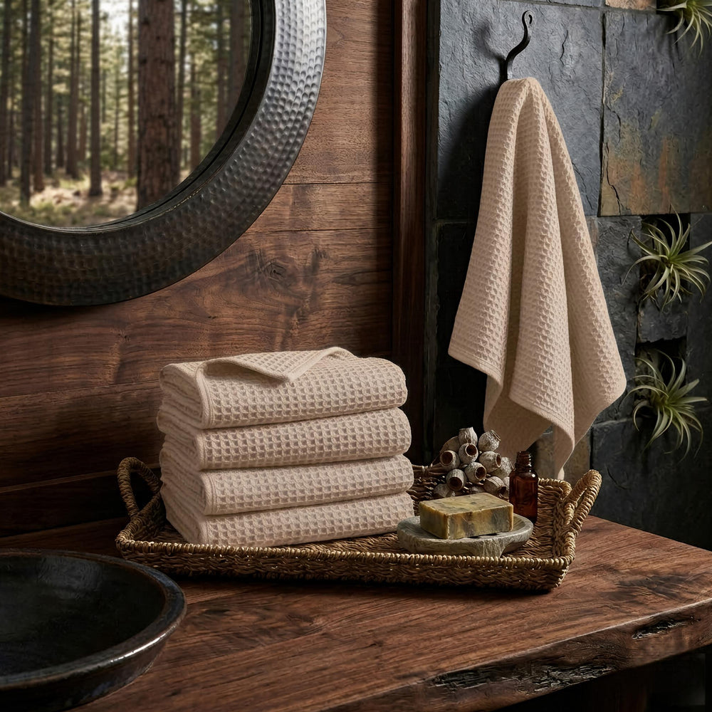 Waffle Soft Hand Towel  (Set Of 4)  | Quick-Dry &  Zero Twist  | Beige Colour