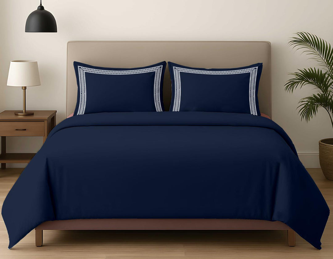 Premium King Size Embroidery Cotton Bedsheet |Luxury Bedding  Set Mughal Net - Navy Blue