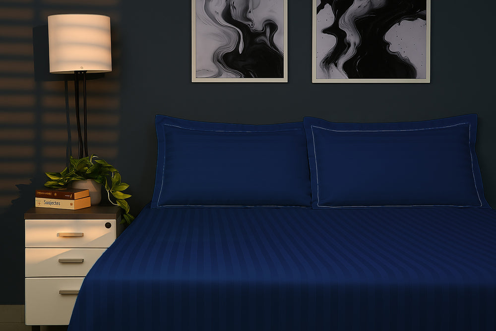 Bedcetera Chevron King Size Solids Bedsheet Navy Blue  colour