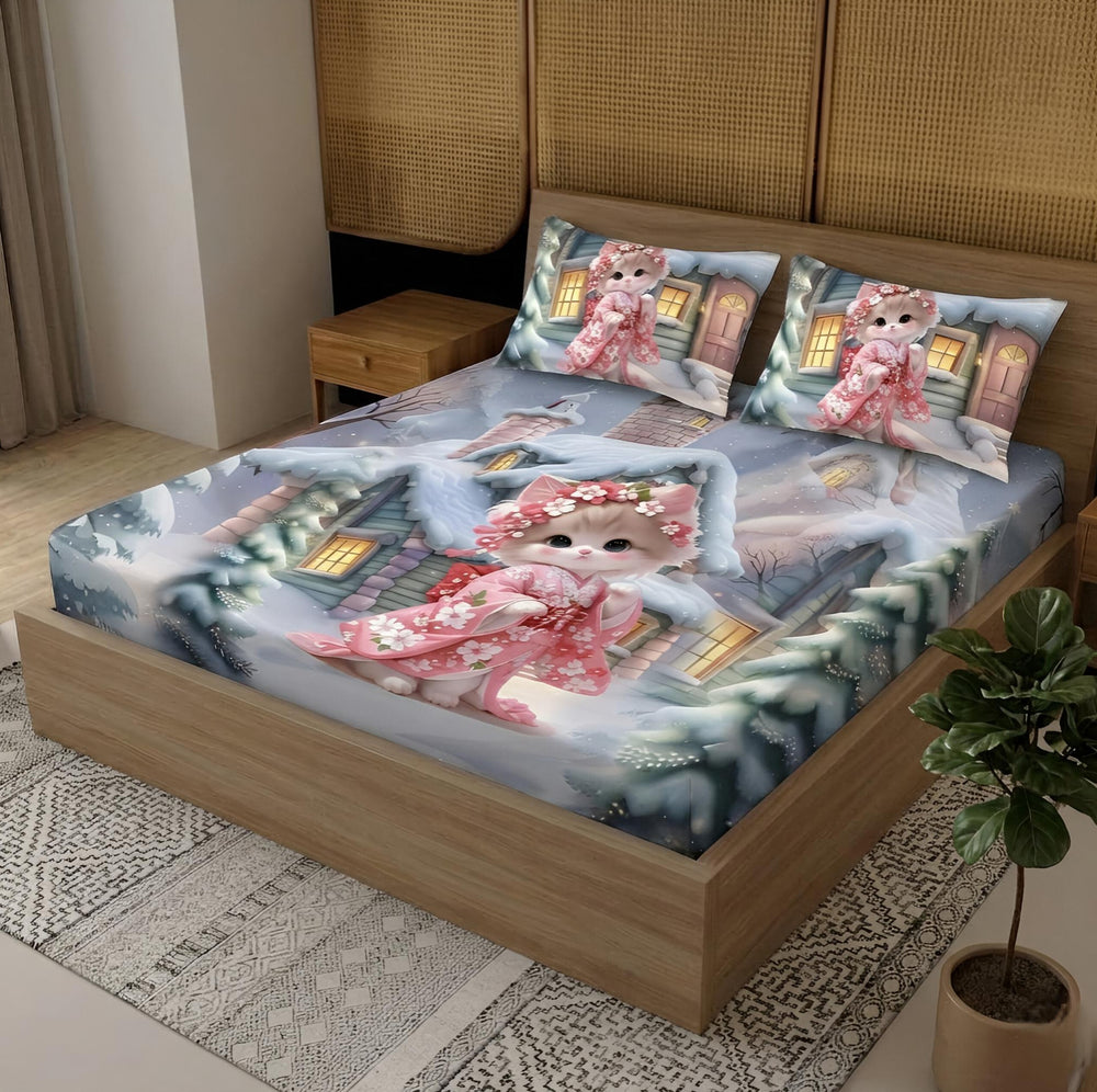 Forever Together Premium Aura Print Bedsheet Set | Kitten Design