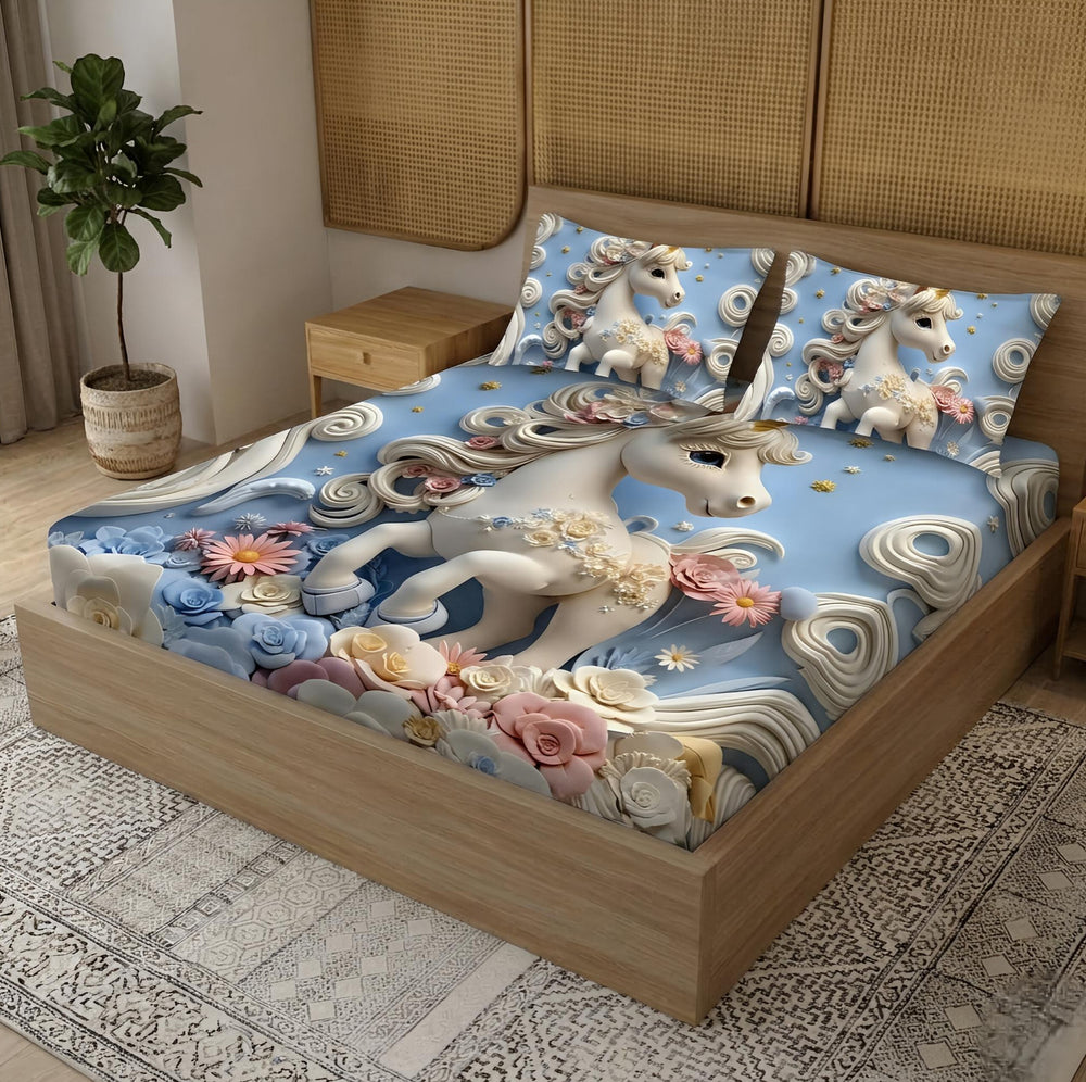 Unicorn Theme Kids Bedding Set | Soft Touch Aura Print | Blue Floral