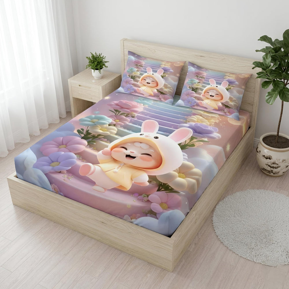 Pastel Purple and Pink Bunny Character Bedsheet with 2 Pillowcases -Aura Print | Light Lavender & Pink
