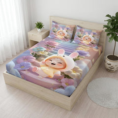 Pastel Purple and Pink Bunny Character Bedsheet with 2 Pillowcases -Aura Print
