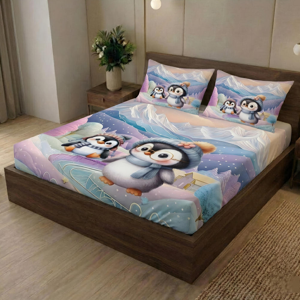 Aura Print 3D King-Size Bedsheet | Penguine Theme |  Cotton-Feel Realistic Prints
