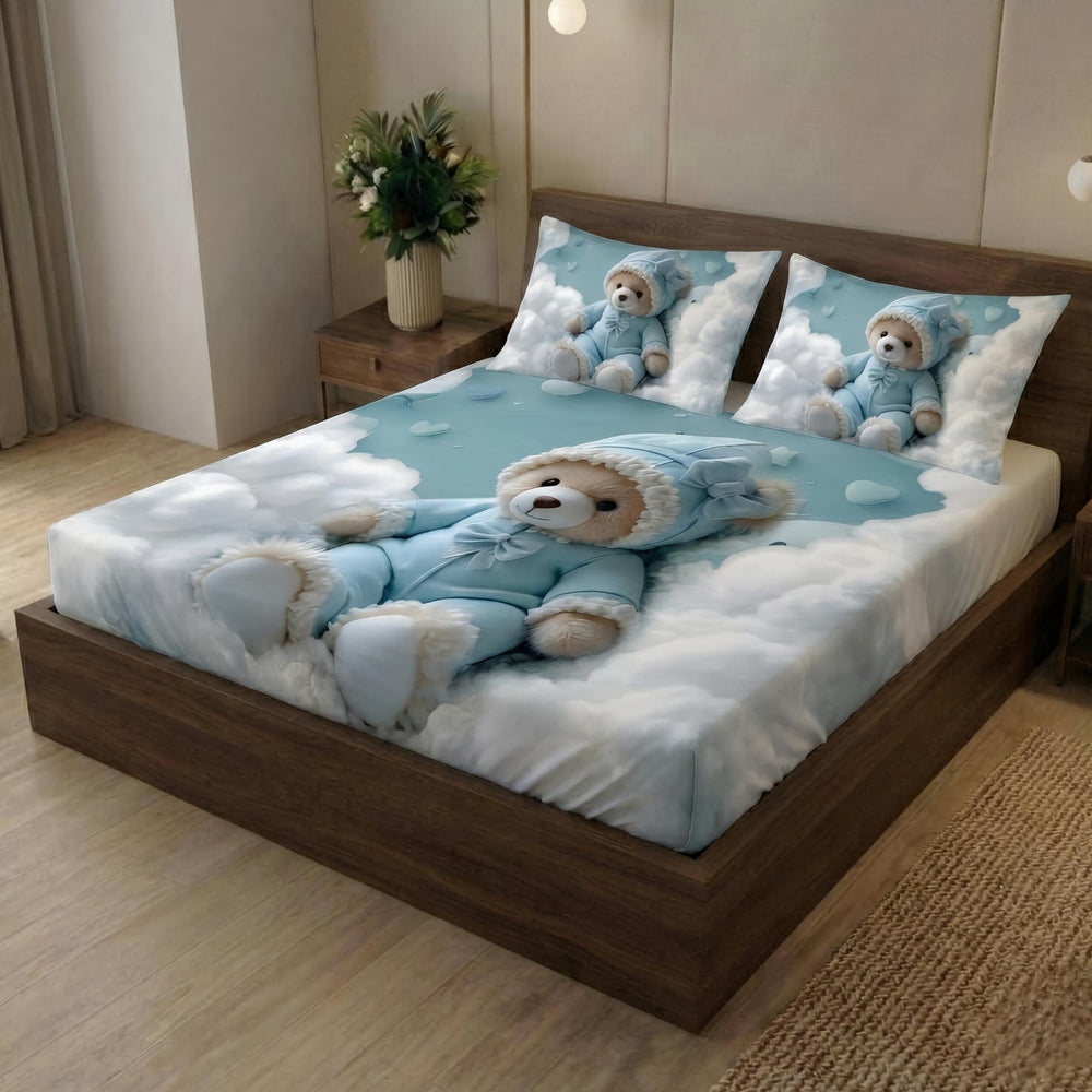 Cuddly Teddy & Fluffy Clouds Premium Bed Sheet -Aura Print | Light Blue