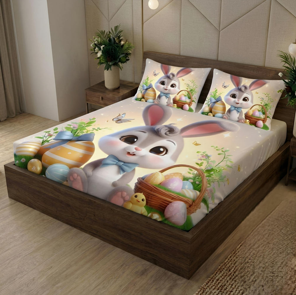 Cartoon Bunny Character Bed Sheet Set with Basket and Chicks - Aura Print | Light Ash colour