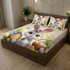 Cartoon Bunny Character Bed Sheet Set with Basket and Chicks - Aura Print