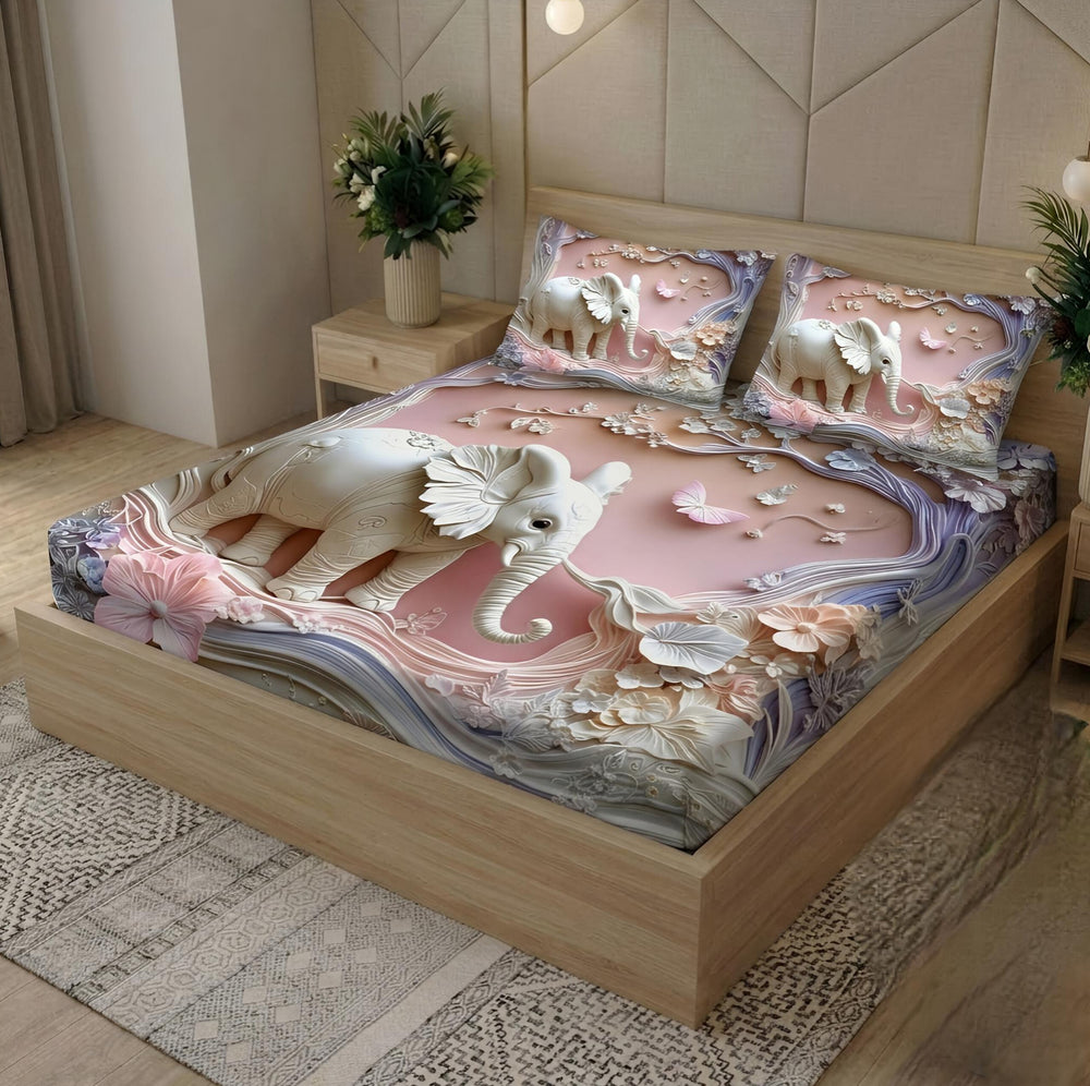 Royal White Elephant & Blossom Printed Bedsheet Set - Aura Print | Blush Pink