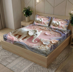 Royal White Elephant & Blossom Printed Bedsheet Set - Aura Print