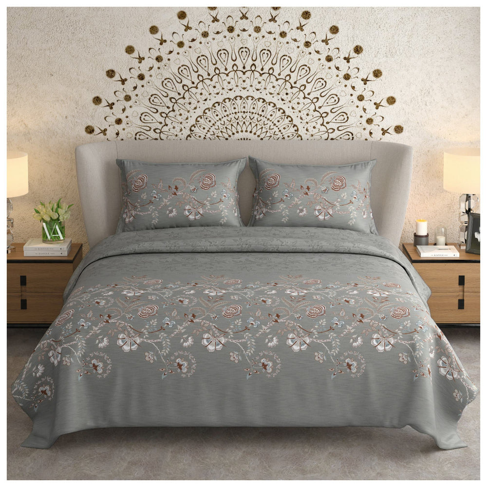 Satin Dreamz King Size Premium Bedsheet  | 100% Cotton |  300 TC Sateen | Smooth & Silky Feel |  Gray Floral