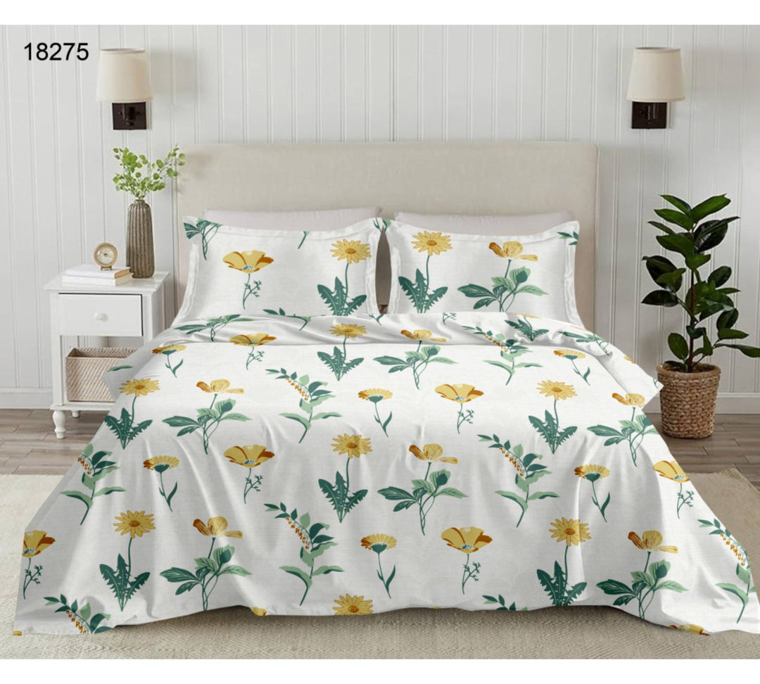 Soft Loom Premium Floral Bedding Set | 100% Cotton | King Size | 144TC | Printed | White & Yellow Green Floral
