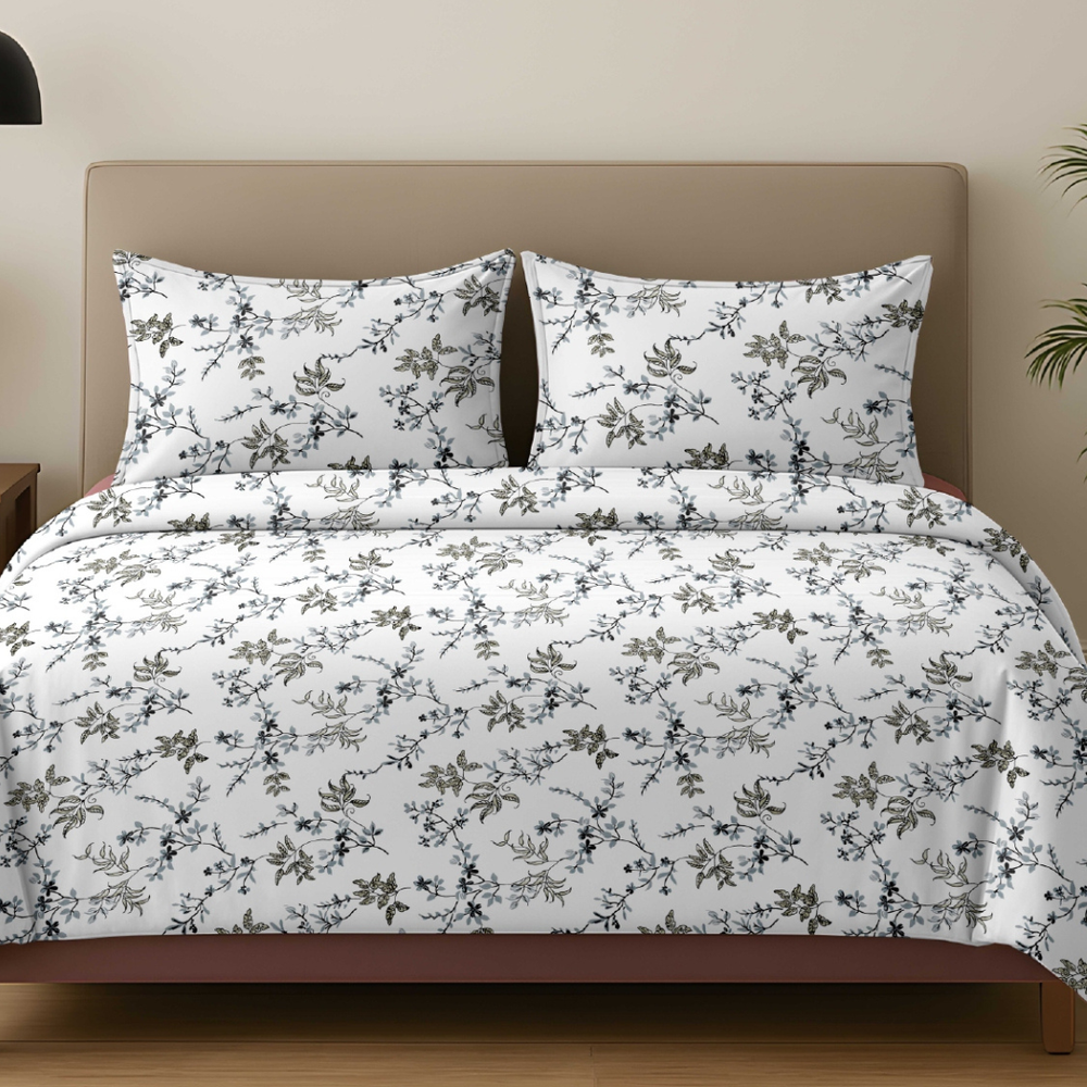 Vivron King-Size Bedsheet | 100% Pure Cotton Floral Design | Blue & Green Floral