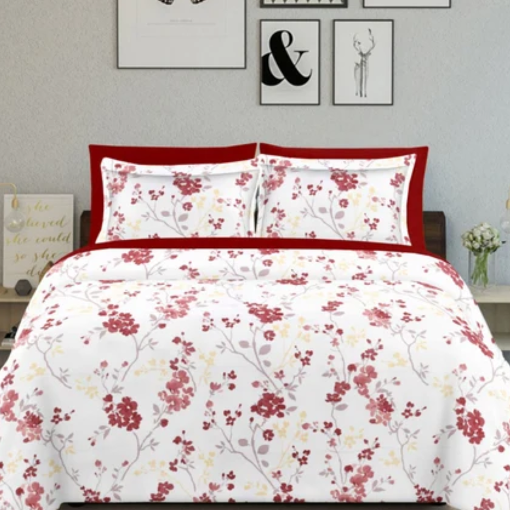 Soft Loom King-Size Bedsheet | 100% Cotton | Red & Muted Pink Floral