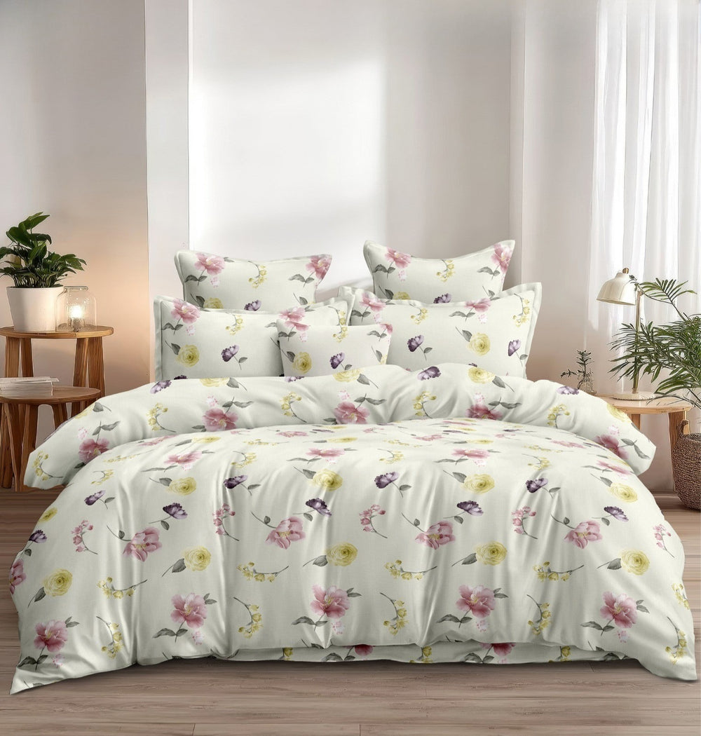Fabella King-Size Bedsheet  |  Pink & Yellow Floral  |  Ultra-Soft,  Cotton-Feel Fabric