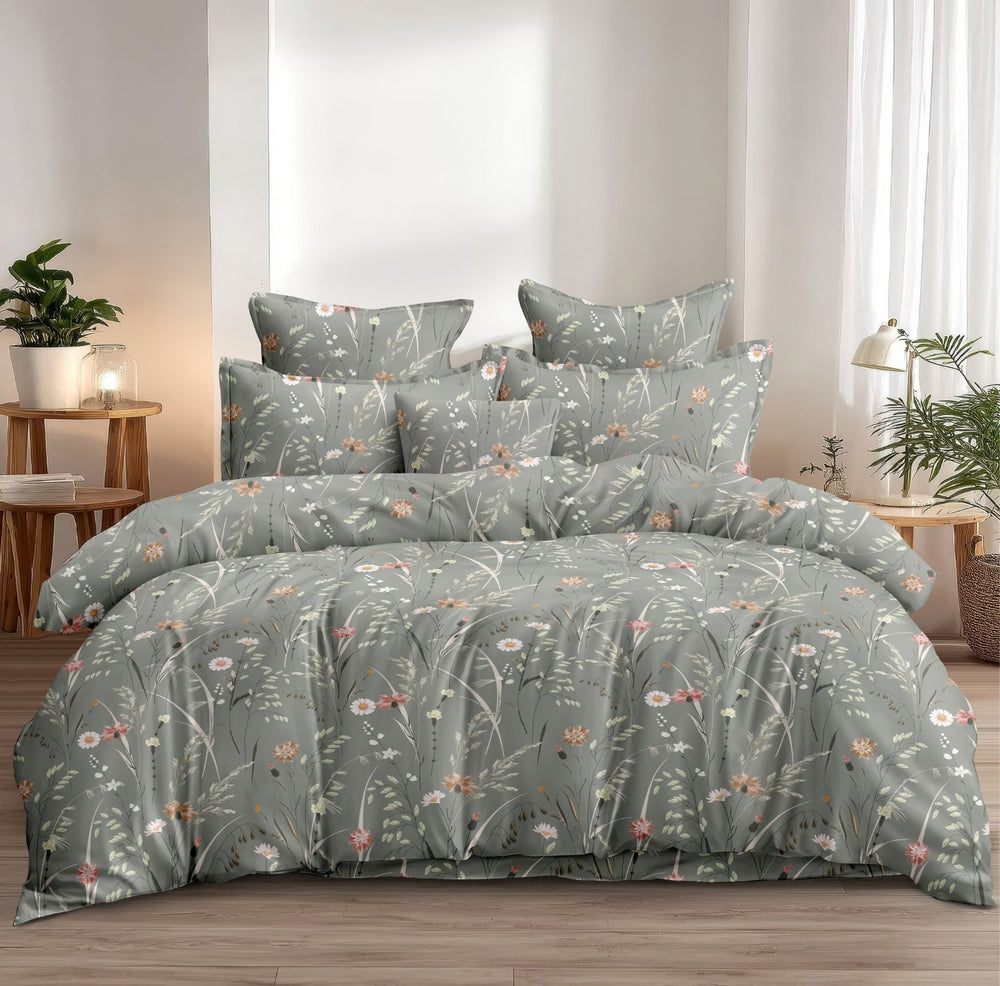 Fabella King-Size Bedsheet  | Light Gray Floral  |  Ultra-Soft,  Cotton-Feel Fabric