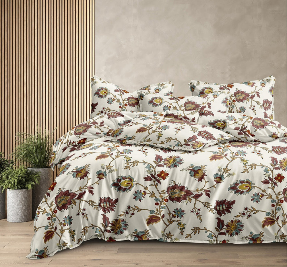 Fabella King-Size Bedsheet  |   White & Maroon Floral  |  Ultra-Soft,  Cotton-Feel Fabric