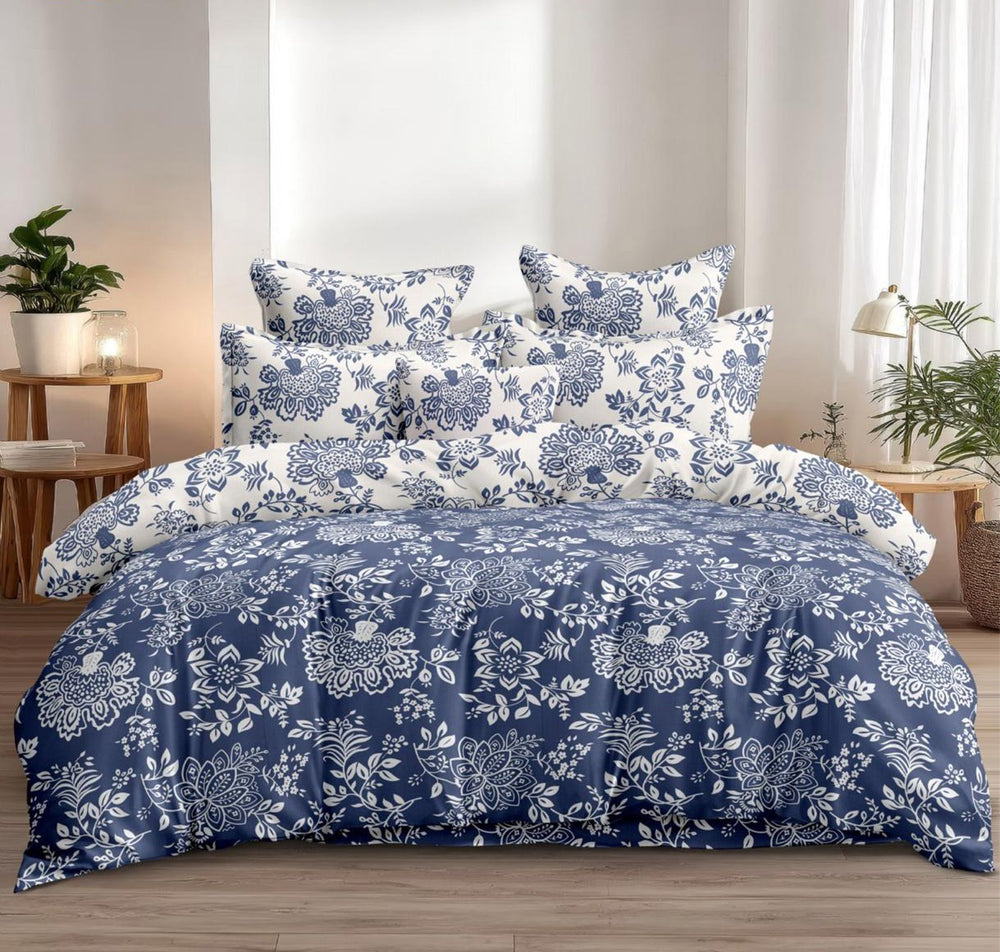 Fabella King-Size Bedsheet  |  Blue & White Floral  |  Ultra-Soft,  Cotton-Feel Fabric