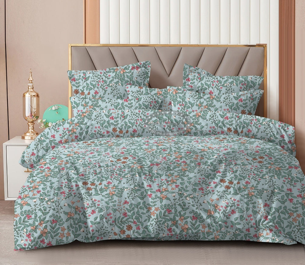 Fabella King-Size Bedsheet  |  Pink & Green Floral   |  Ultra-Soft,  Cotton-Feel Fabric