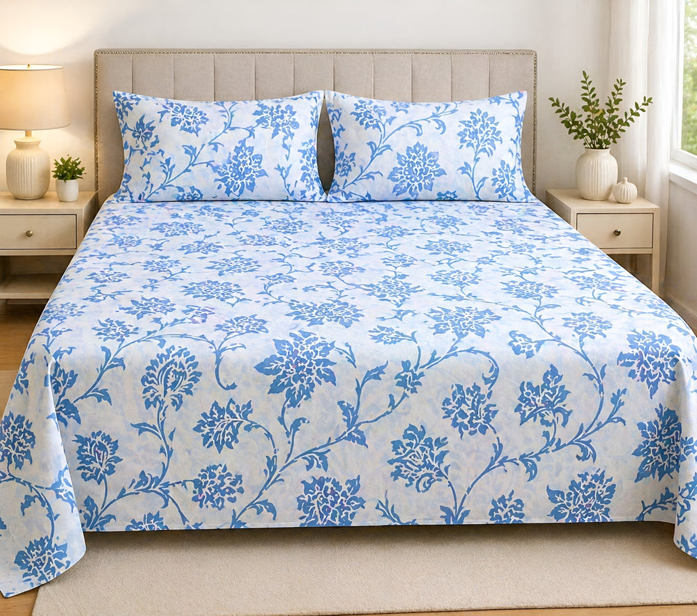 Fabella King-Size Bedsheet  |   Blue Floral   |  Ultra-Soft,  Cotton-Feel Fabric