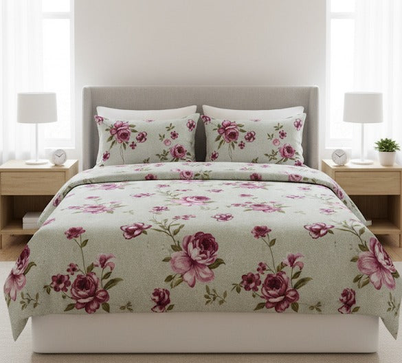Fabella King-Size Bedsheet  |  Pink & Green Floral  |  Ultra-Soft,  Cotton-Feel Fabric