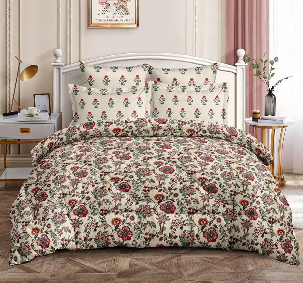 Fabella King-Size Bedsheet  | Red & Green Floral |  Ultra-Soft,  Cotton-Feel Fabric