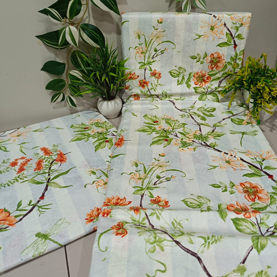 Soft Loom King-Size Bedsheet | 100% Cotton | Orange & Green Floral