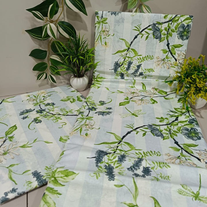Soft Loom King-Size Bedsheet | 100% Cotton | Green & Gray Floral