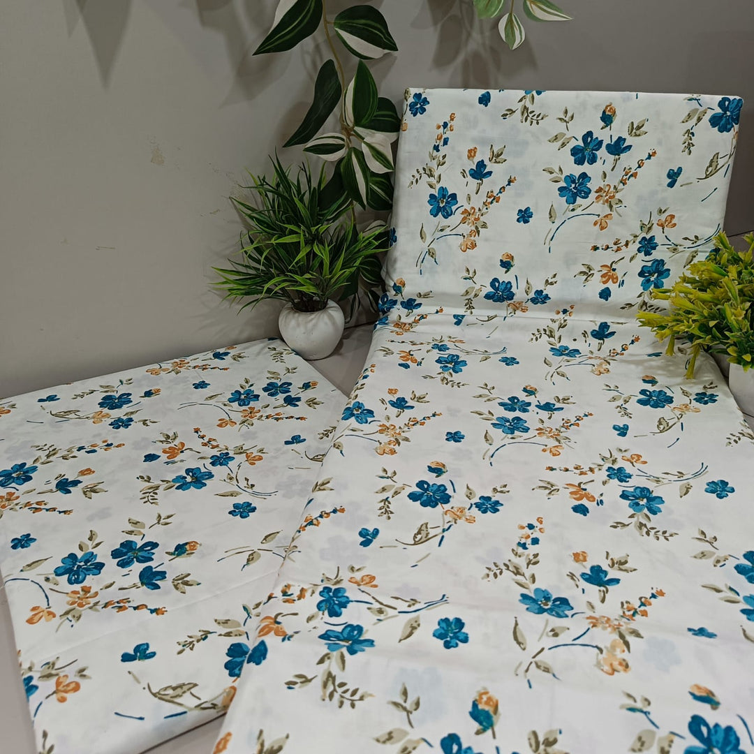 Satin Touch King Size Premium Bedsheet  | 100% Cotton |  300 TC Sateen | Smooth & Silky Feel | Blue & White Floral