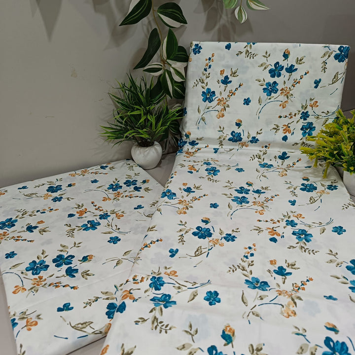 Satin Touch King Size Premium Bedsheet  | 100% Cotton |  300 TC Sateen | Smooth & Silky Feel | Blue & White Floral