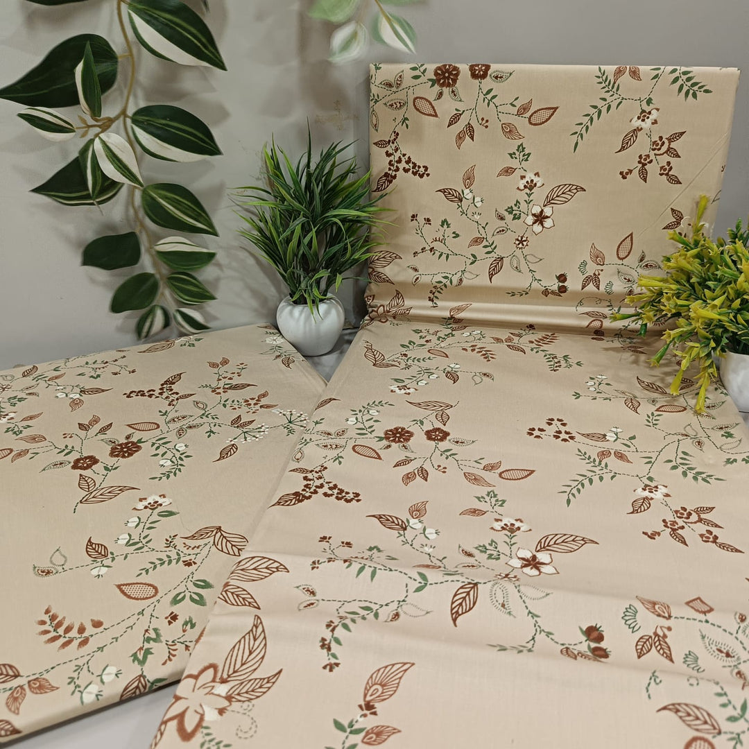 Imperial King Size Flat Bedsheet Set – 250 TC Premium Cotton | Printed | Brown & Green Floral